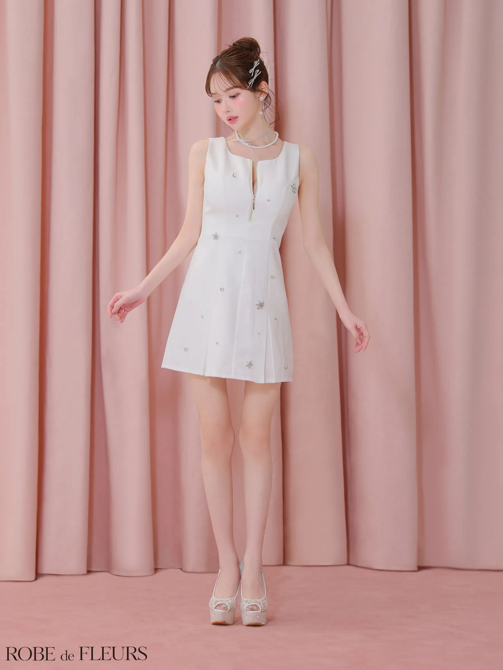 バストジップノースリーブビジューミニキャバドレス(fm3789)