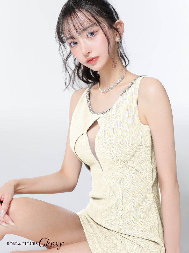 【XSサイズあり】ビジューネックバストカットタイトミニキャバドレス(GL3794)