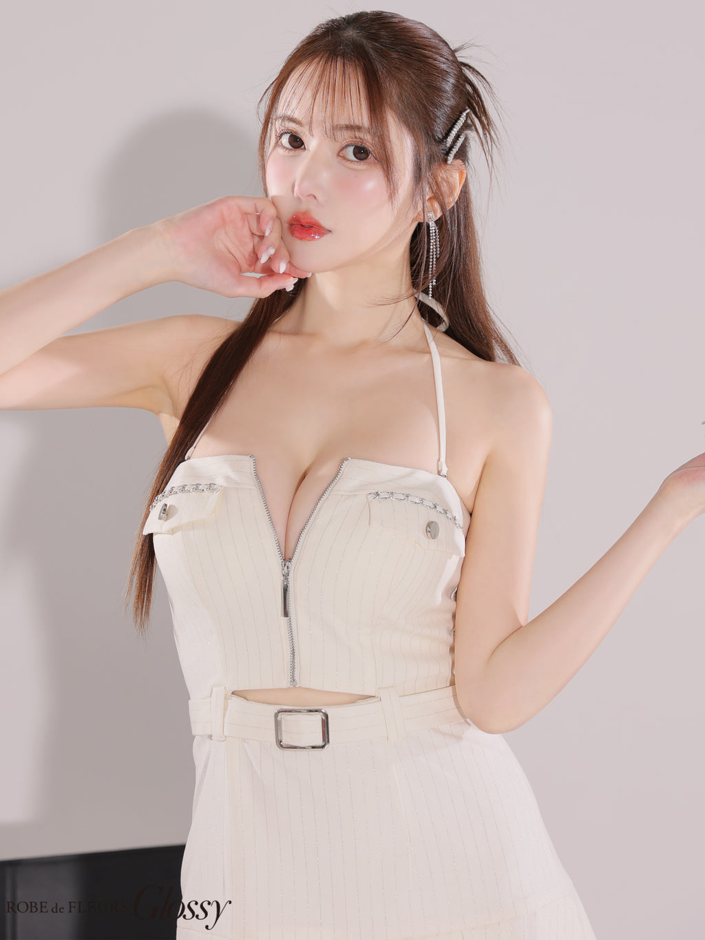 【XSサイズあり】2way♥ストライプバストジップベルトデザインミニキャバドレス(GL3900)