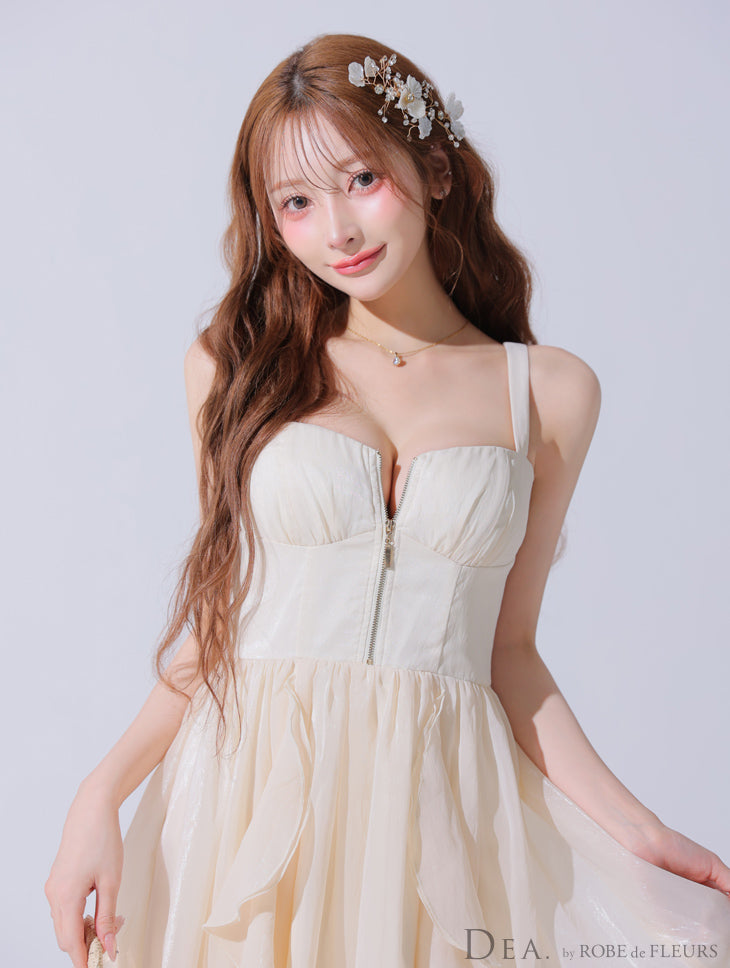 【Lサイズあり】サテンフリルバストジップフレアロングキャバドレス(DE3927)