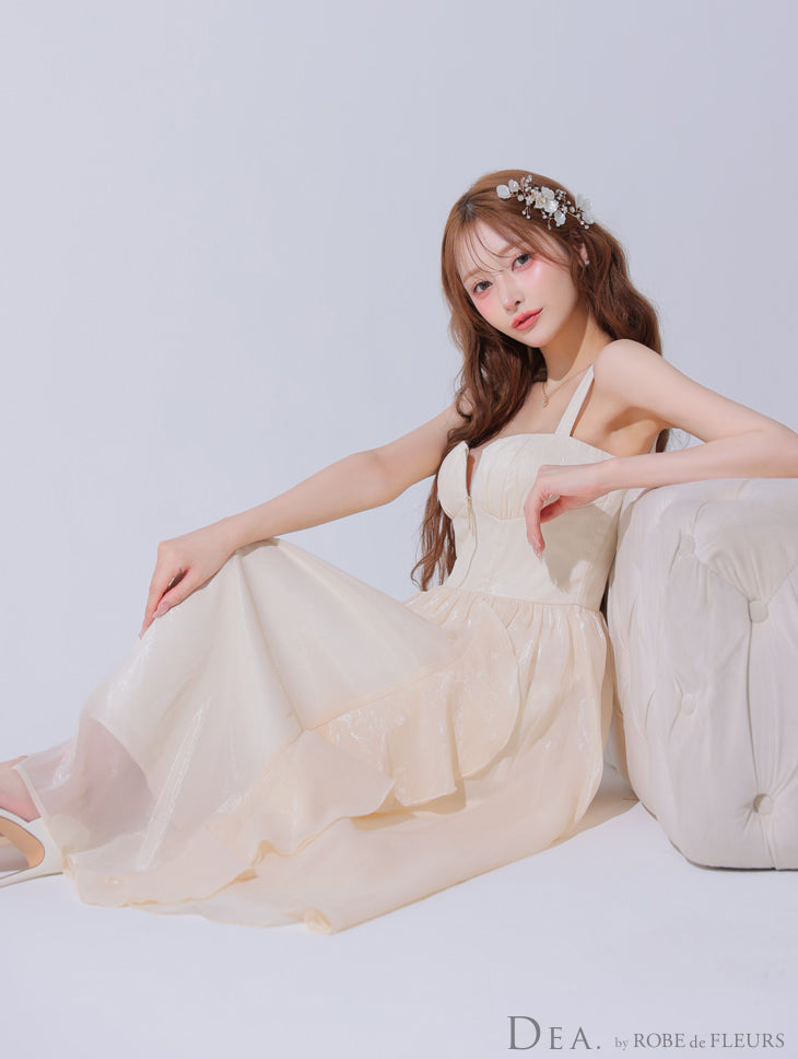 【Lサイズあり】サテンフリルバストジップフレアロングキャバドレス(DE3927)
