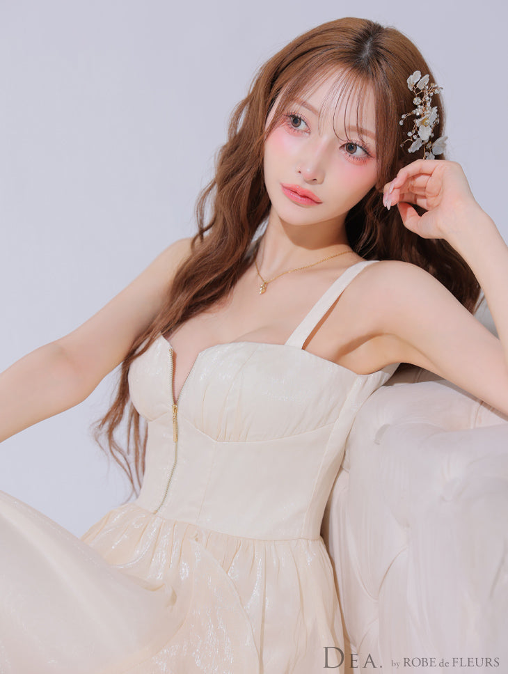【Lサイズあり】サテンフリルバストジップフレアロングキャバドレス(DE3927)
