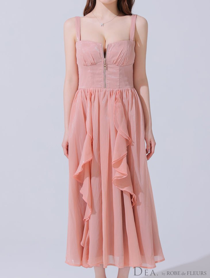 【Lサイズあり】サテンフリルバストジップフレアロングキャバドレス(DE3927)