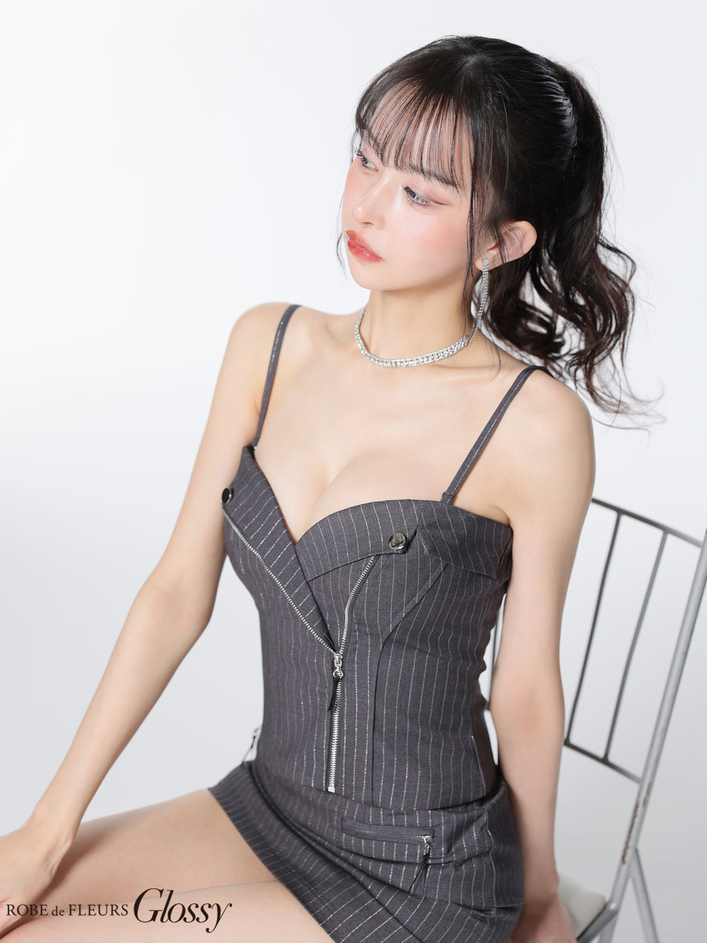 【XSサイズあり】ストライプジップデザインタイトミニキャバドレス(GL3928)
