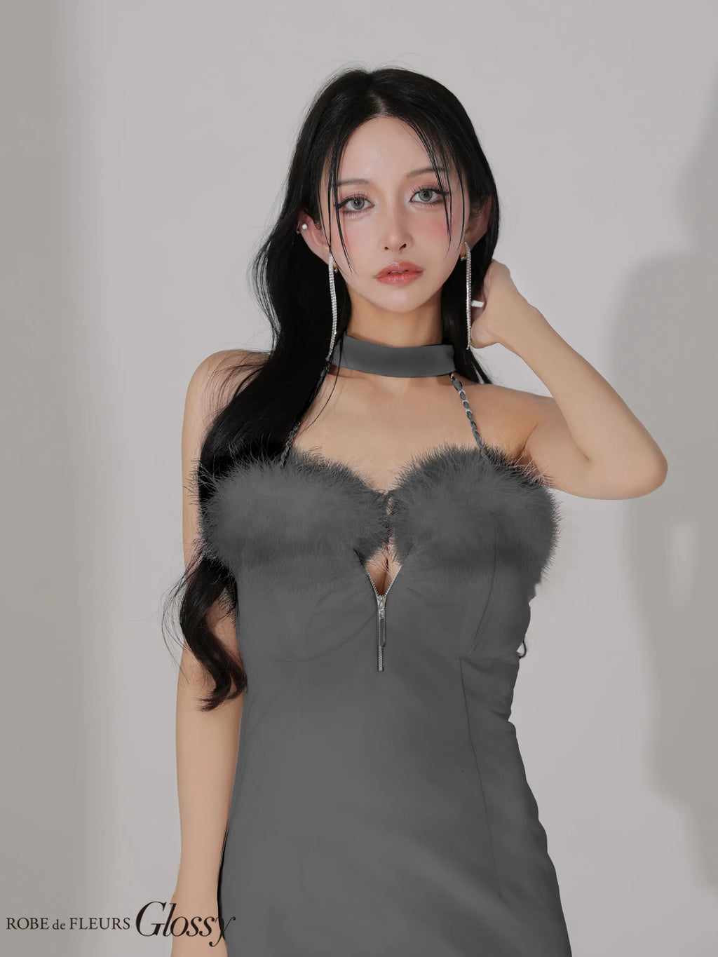ファー付きベロアチョーカータイトミニキャバドレス(GL3949)