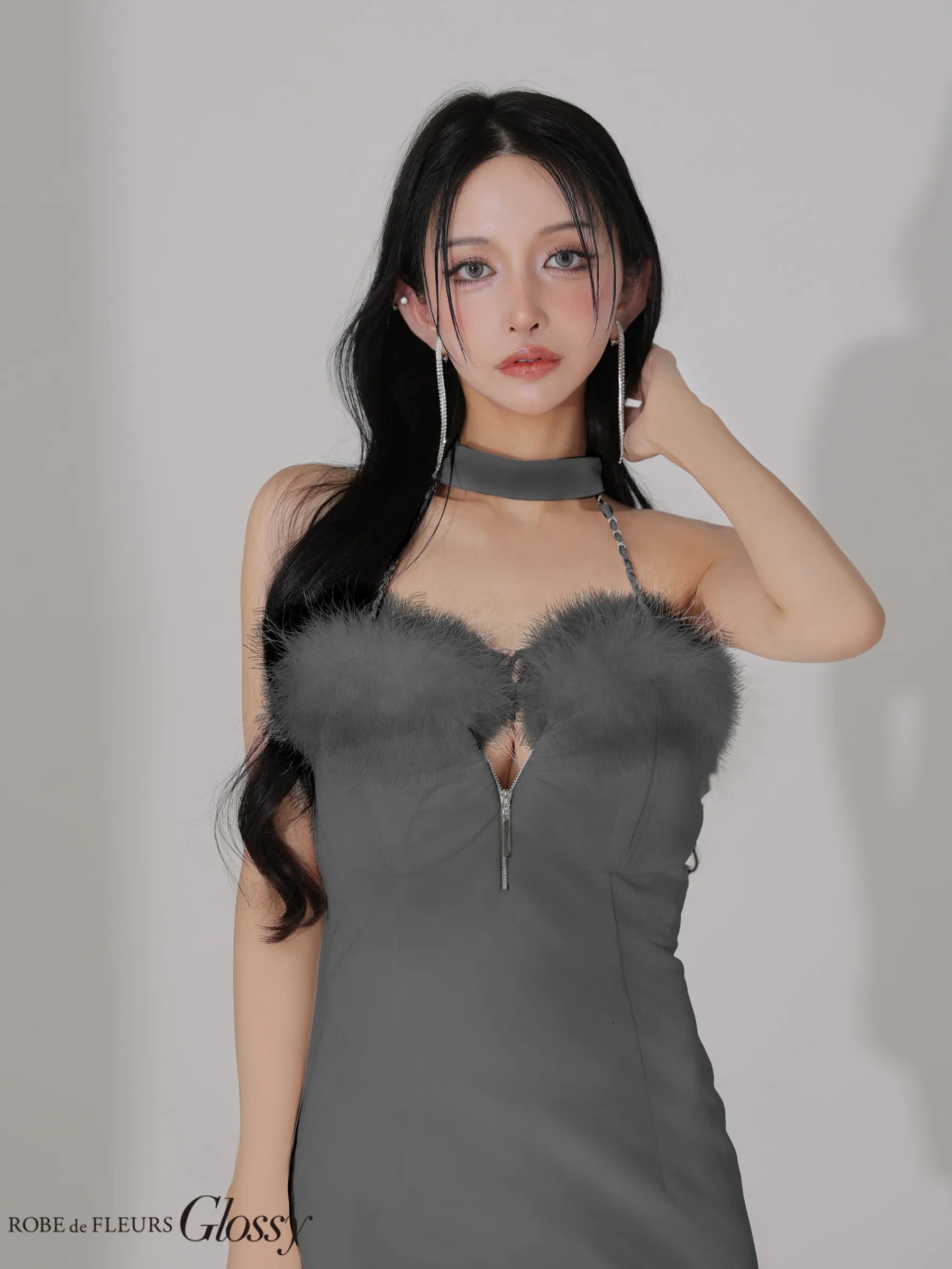 ファー付きベロアチョーカータイトミニキャバドレス(GL3949)