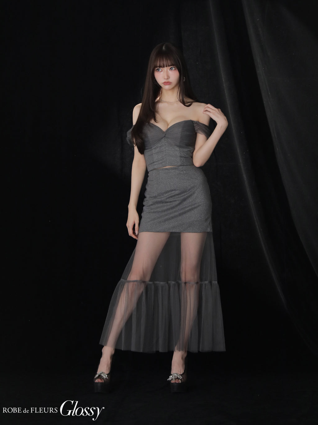 ラメニットオフショルセットアップロングキャバドレス(GL3968)