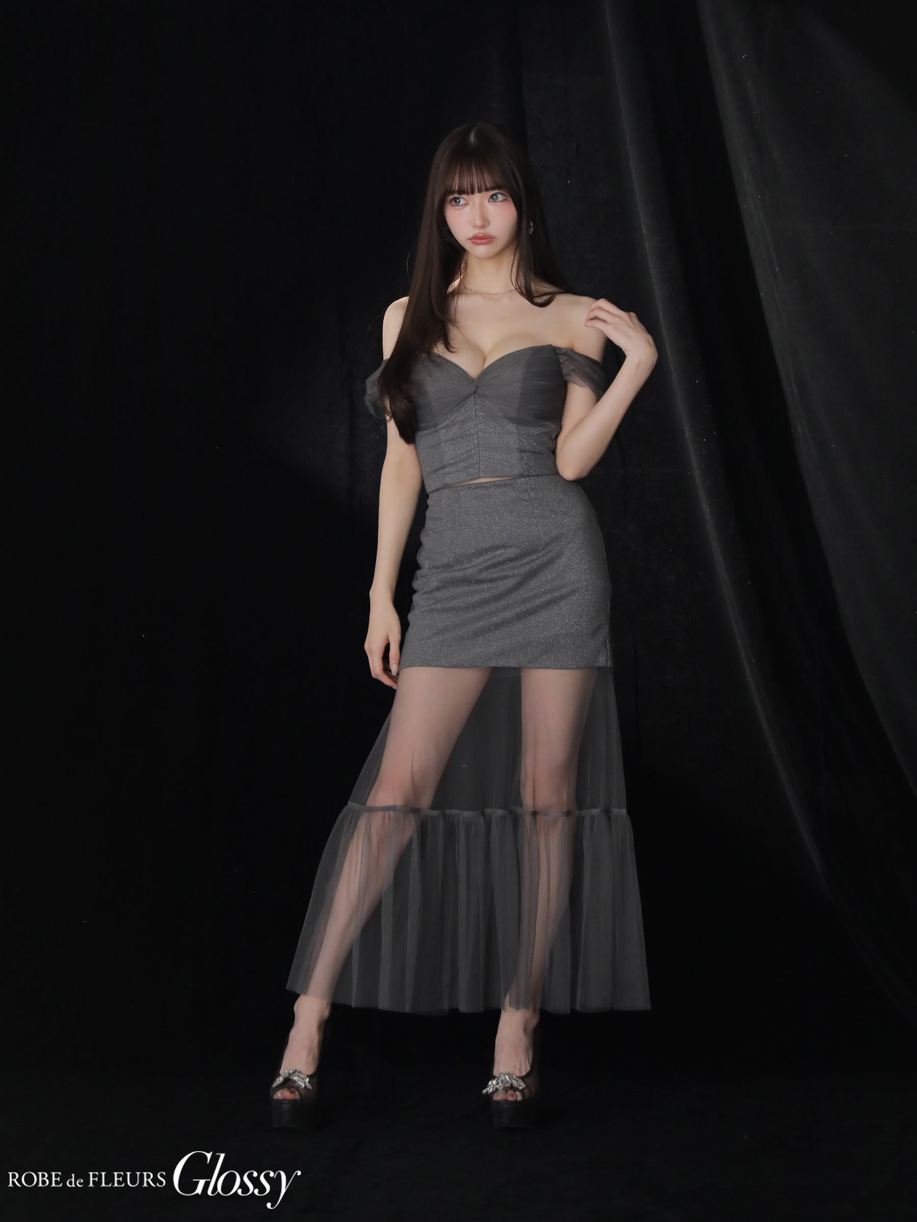 ラメニットオフショルセットアップロングキャバドレス(GL3968)