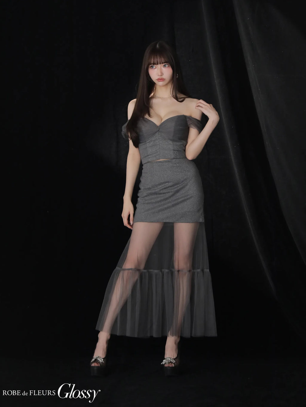 ラメニットオフショルセットアップロングキャバドレス(GL3968)