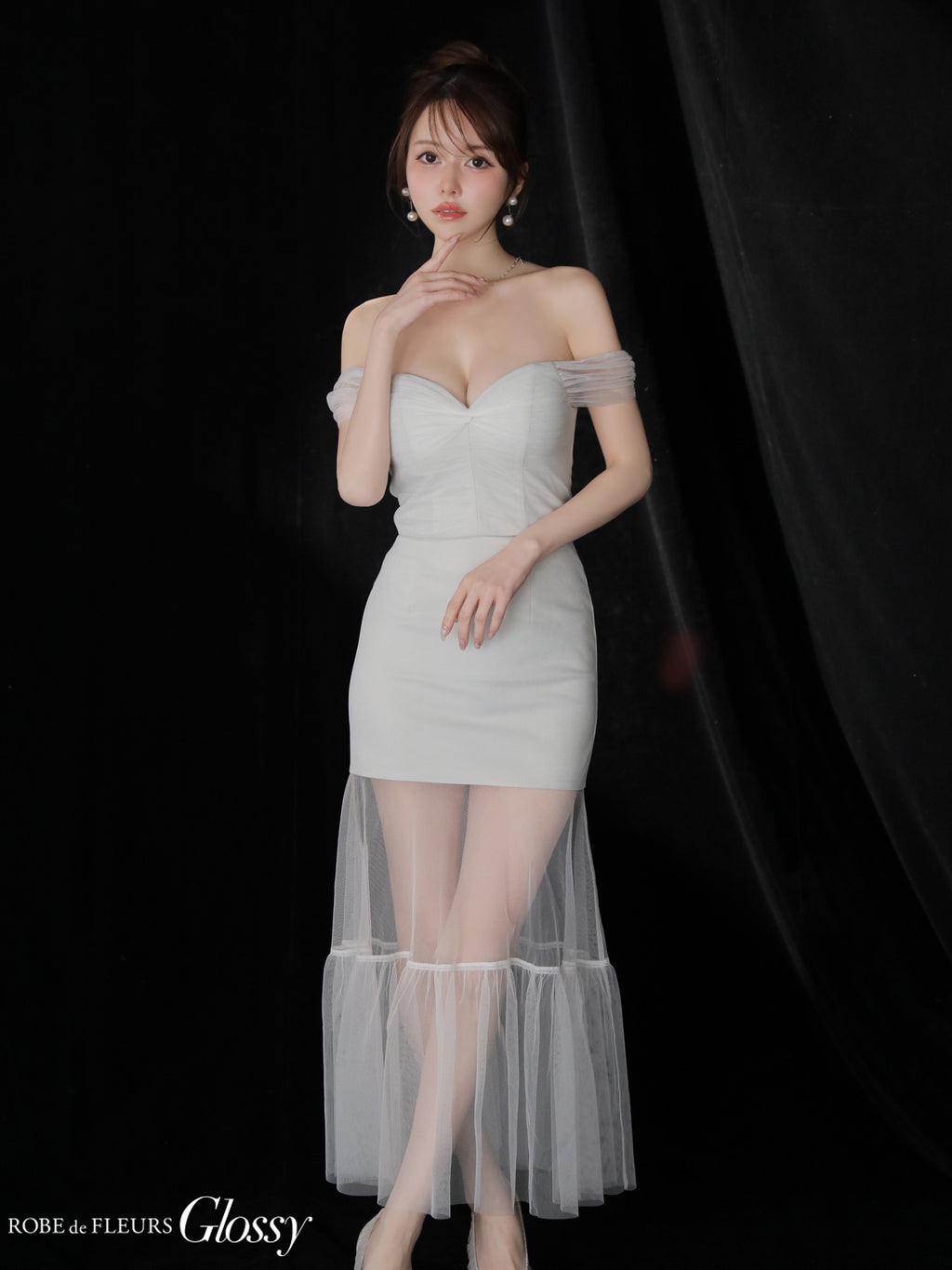 ラメニットオフショルセットアップロングキャバドレス(GL3968)