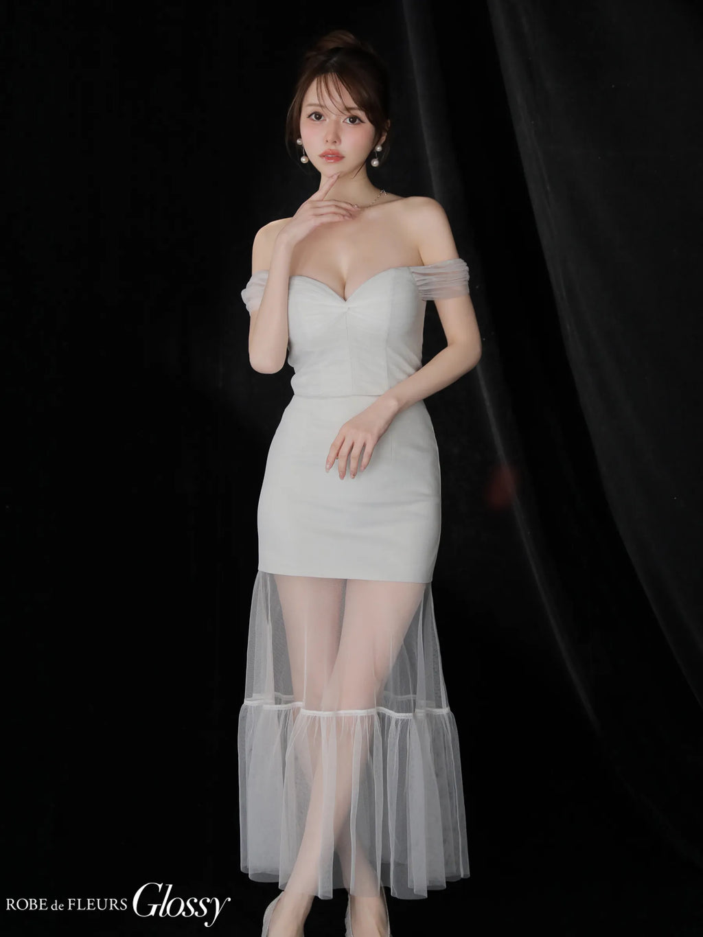 ラメニットオフショルセットアップロングキャバドレス(GL3968)