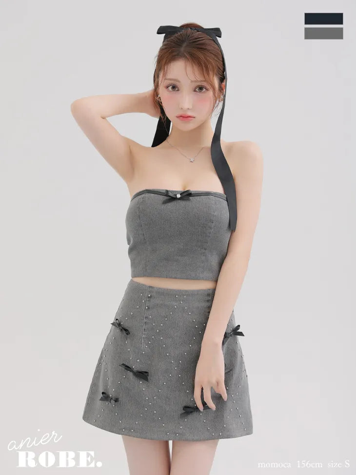 Leather ribbon denim bare setup mini dress (anier4048)