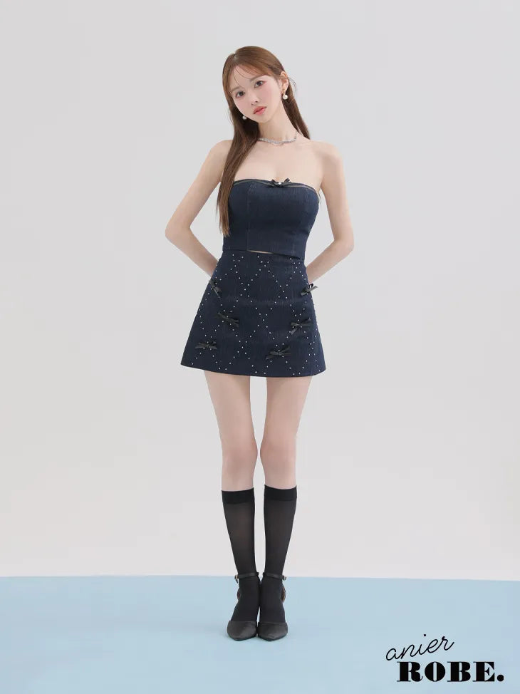 Leather ribbon denim bare setup mini dress (anier4048)
