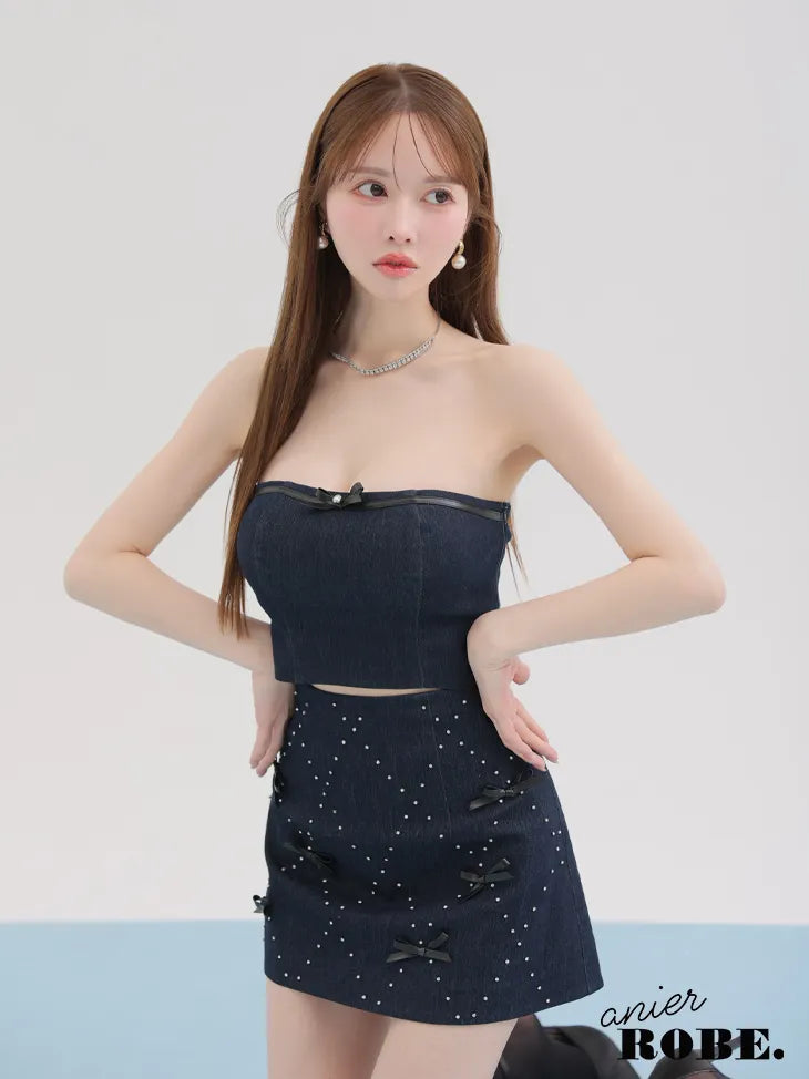 Leather ribbon denim bare setup mini dress (anier4048)