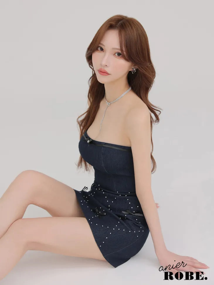 Leather ribbon denim bare setup mini dress (anier4048)