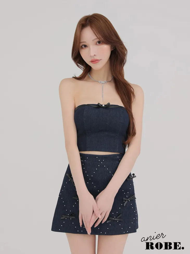 Leather ribbon denim bare setup mini dress (anier4048)