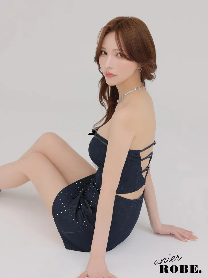 Leather ribbon denim bare setup mini dress (anier4048)