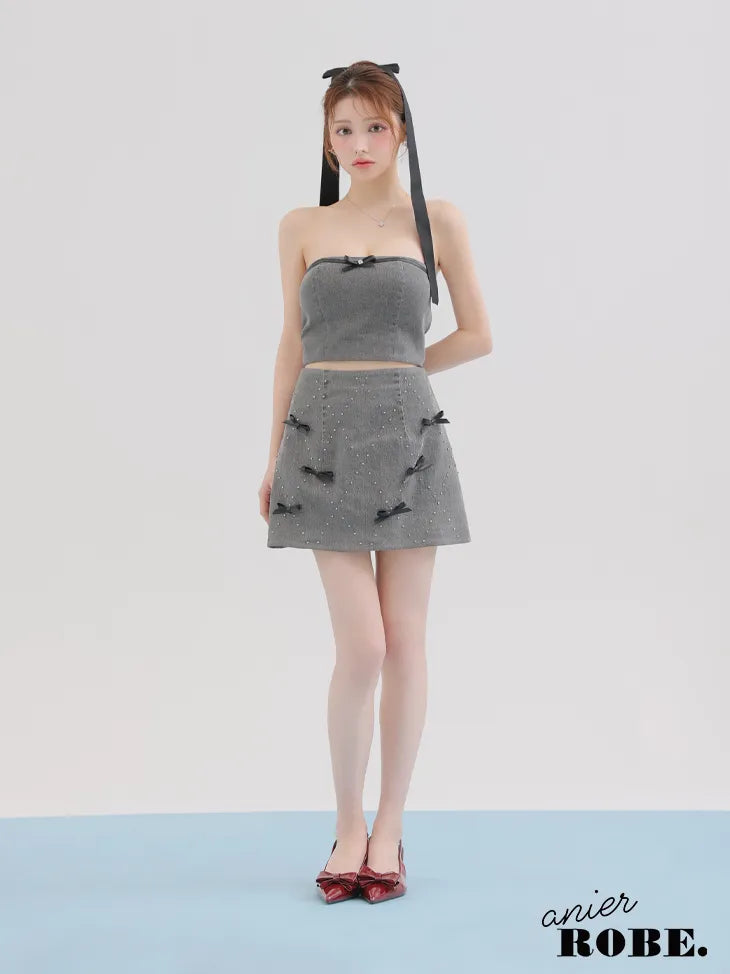 Leather ribbon denim bare setup mini dress (anier4048)