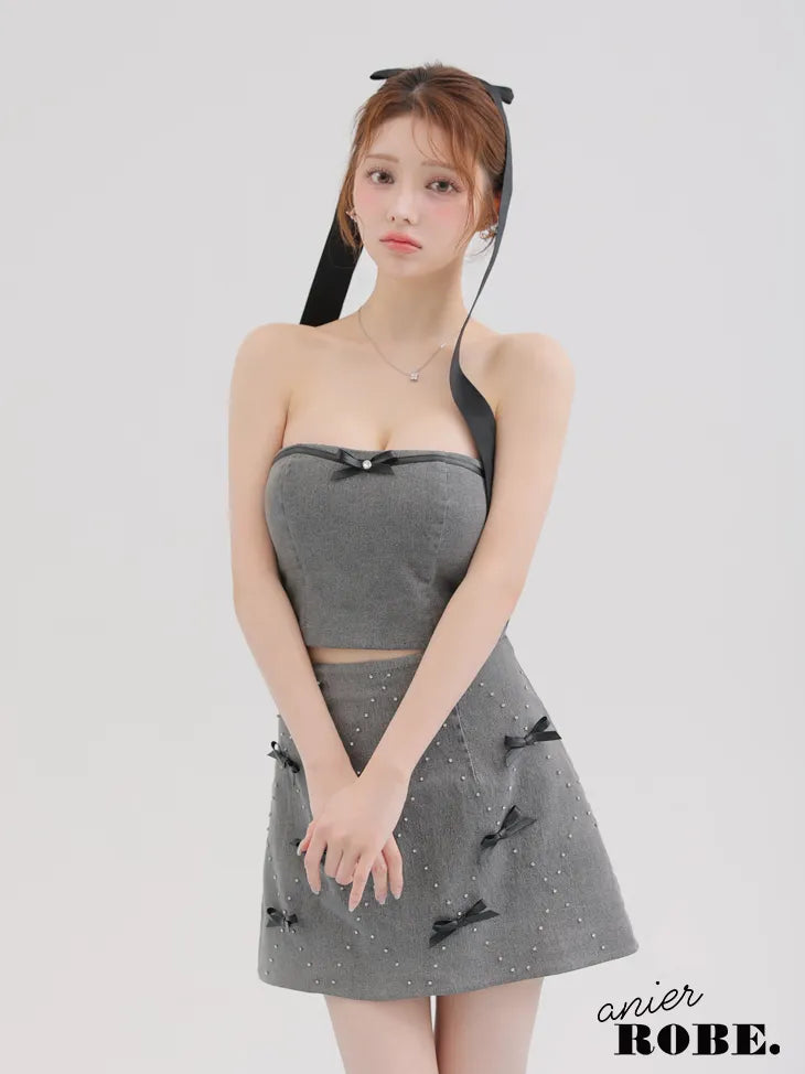 Leather ribbon denim bare setup mini dress (anier4048)