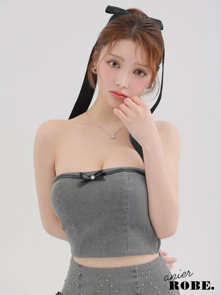 Leather ribbon denim bare setup mini dress (anier4048)