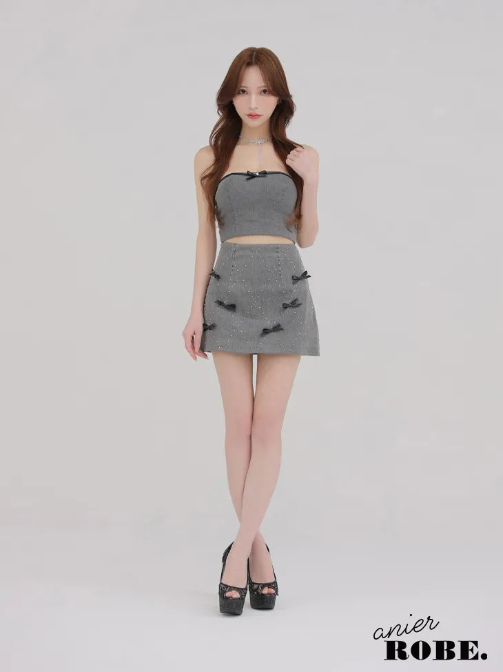 Leather ribbon denim bare setup mini dress (anier4048)