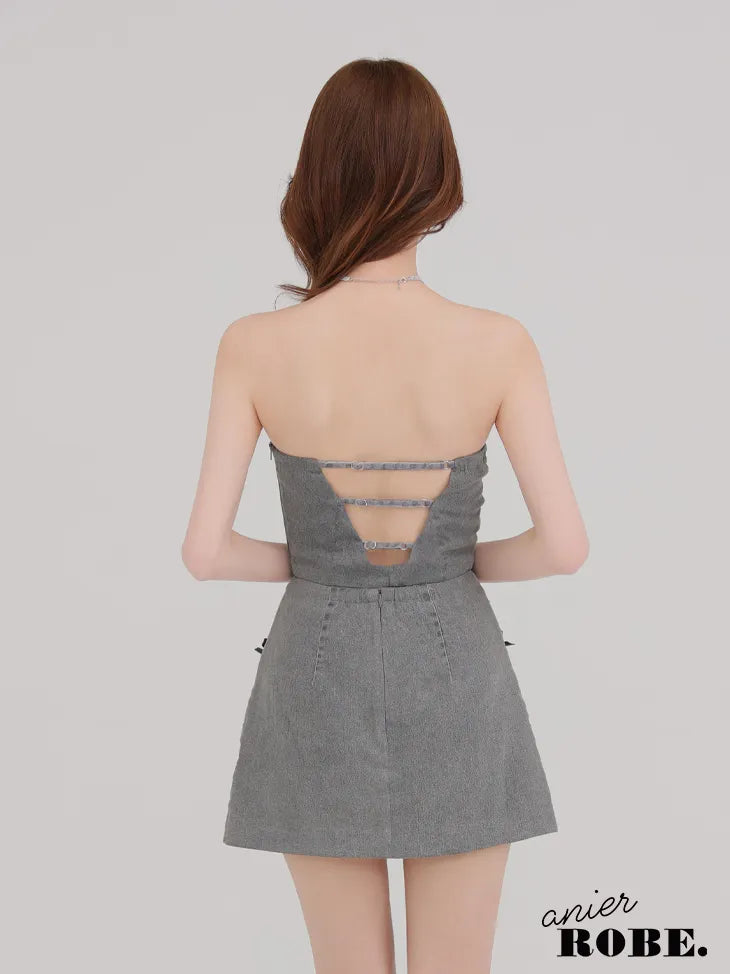 Leather ribbon denim bare setup mini dress (anier4048)