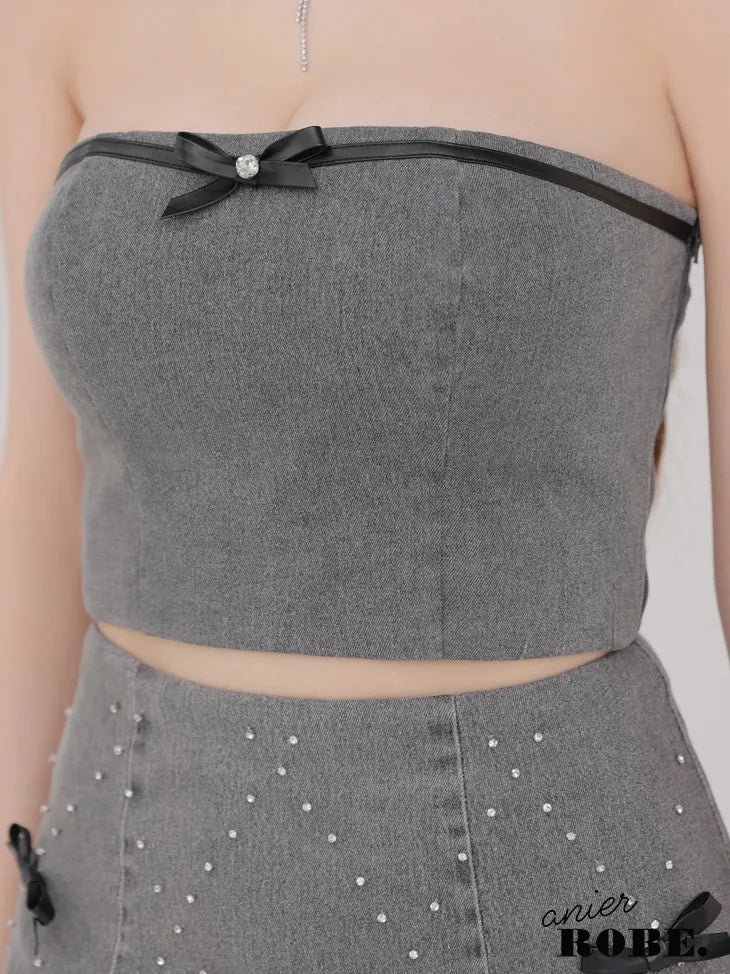 Leather ribbon denim bare setup mini dress (anier4048)