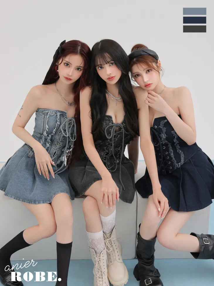 Denim race up belt setup mini dress (anier4049)