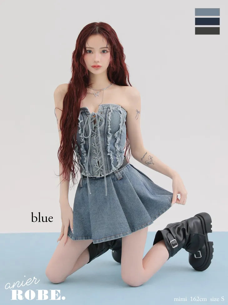Denim race up belt setup mini dress (anier4049)
