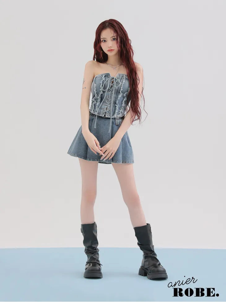 Denim race up belt setup mini dress (anier4049)