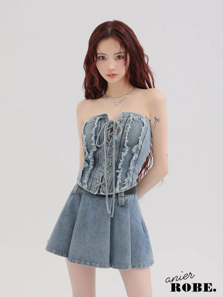 Denim race up belt setup mini dress (anier4049)
