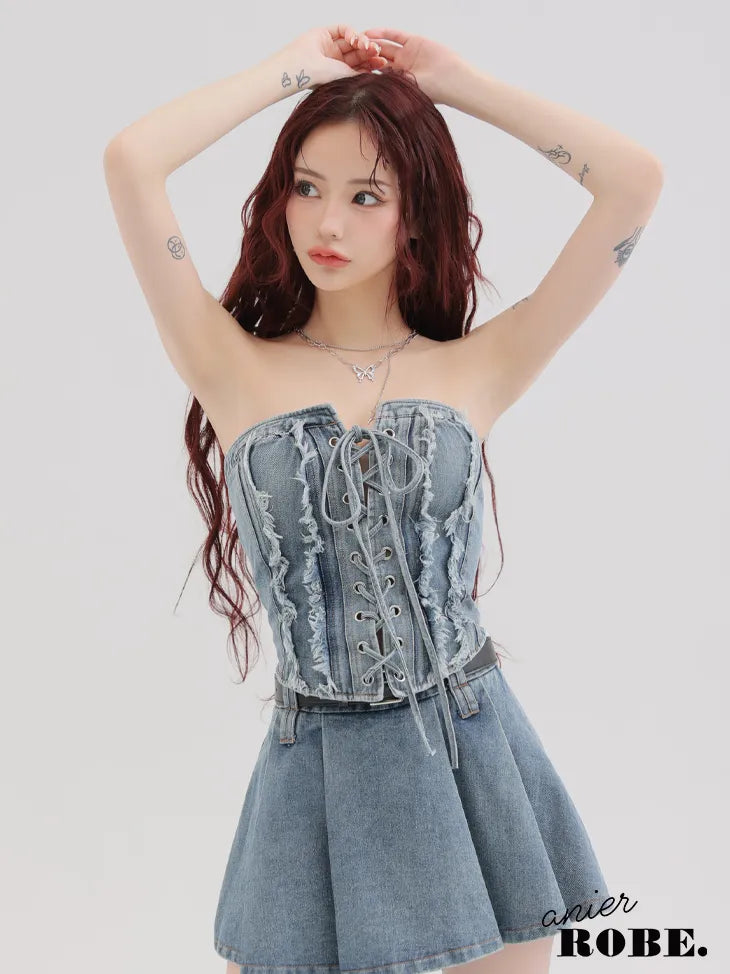 Denim race up belt setup mini dress (anier4049)