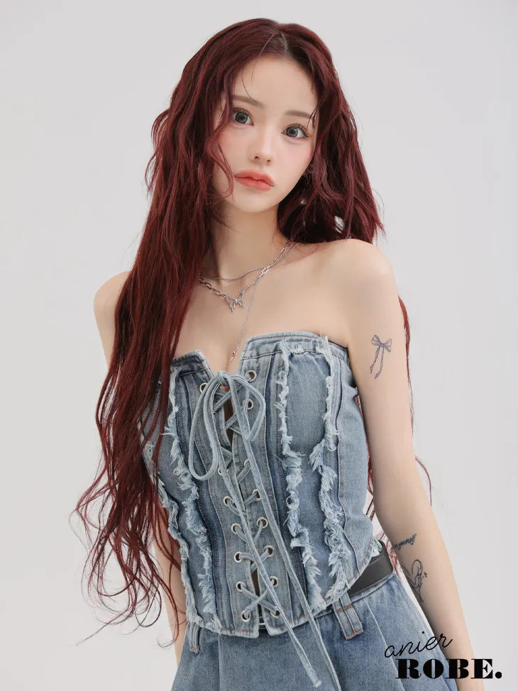 Denim race up belt setup mini dress (anier4049)
