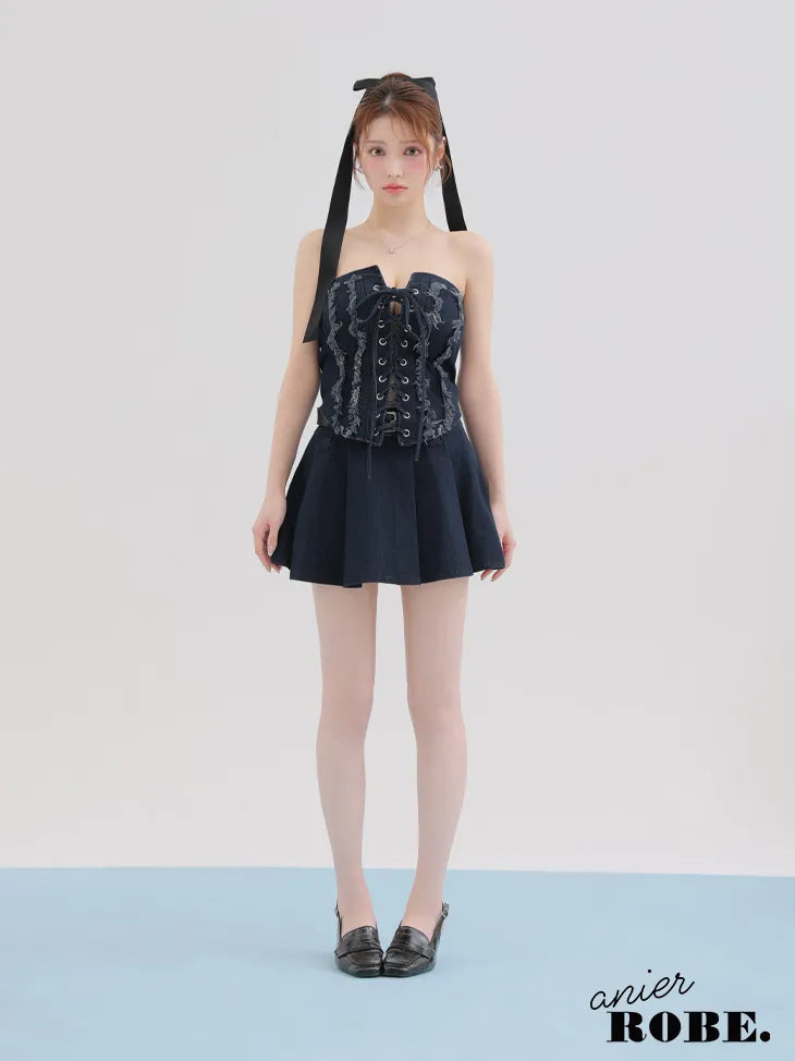 Denim race up belt setup mini dress (anier4049)