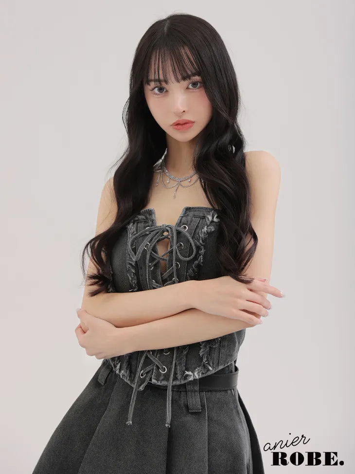 Denim race up belt setup mini dress (anier4049)
