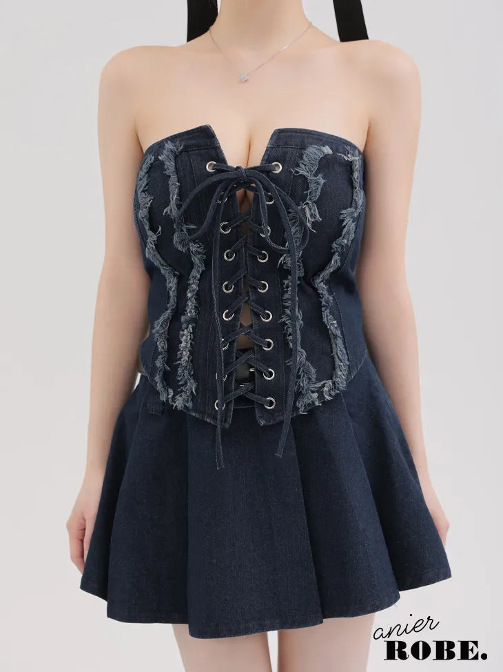 Denim race up belt setup mini dress (anier4049)