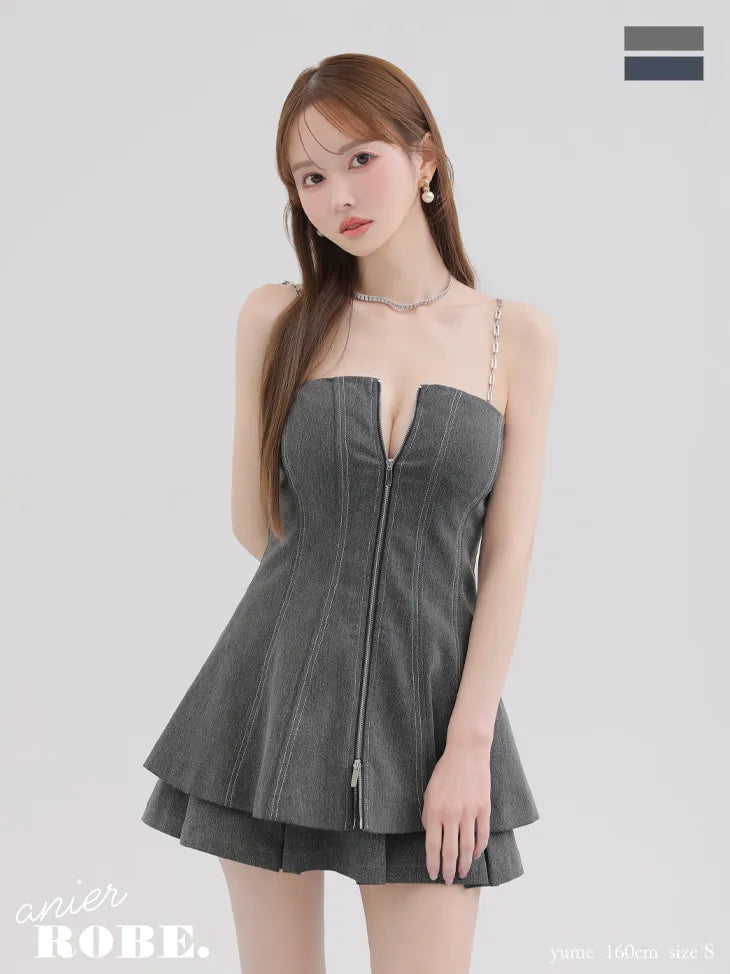 Denim center zip flare setup mini dress (anier4050)