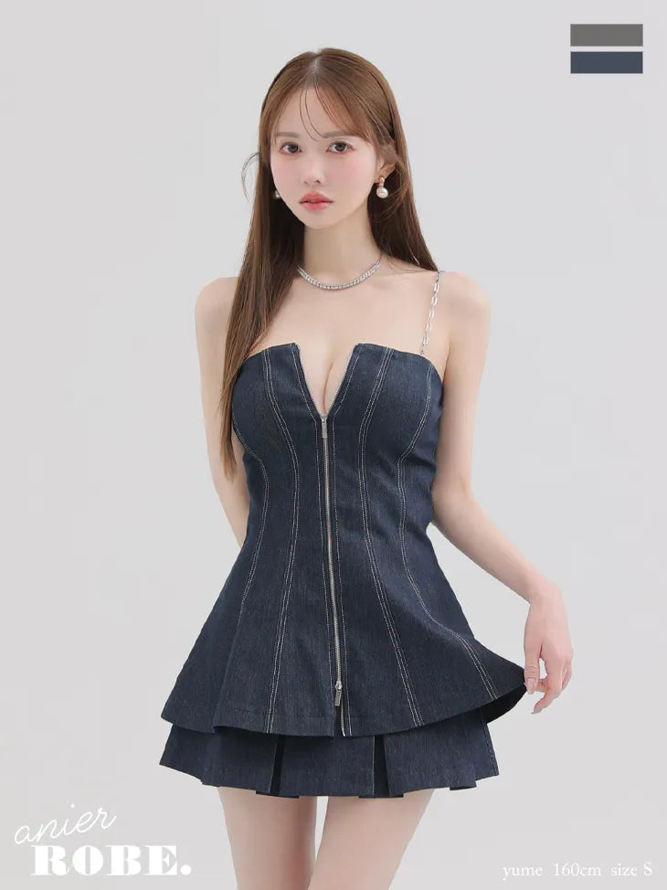 Denim center zip flare setup mini dress (anier4050)