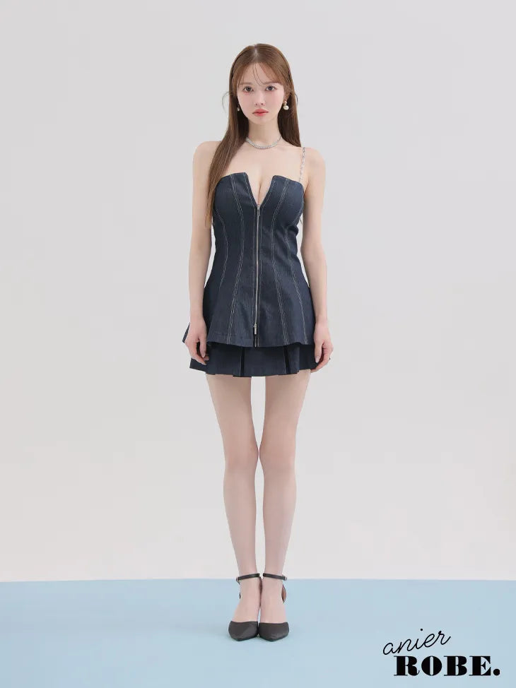 Denim center zip flare setup mini dress (anier4050)