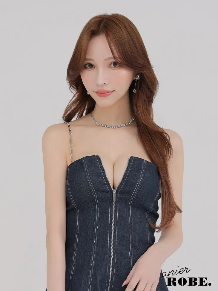Denim center zip flare setup mini dress (anier4050)