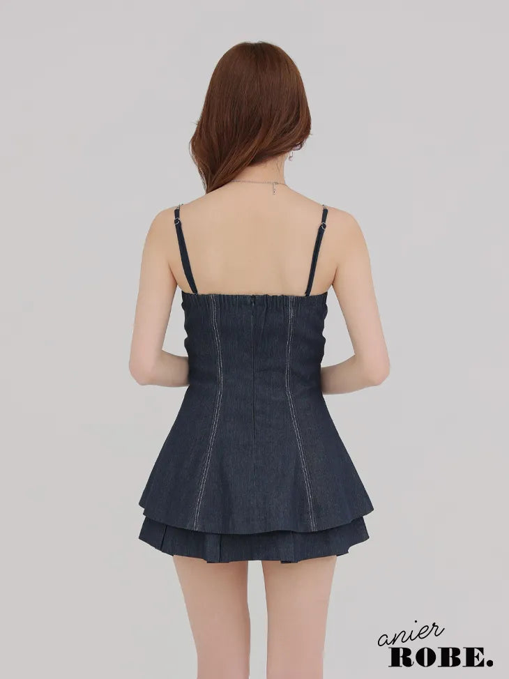 Denim center zip flare setup mini dress (anier4050)