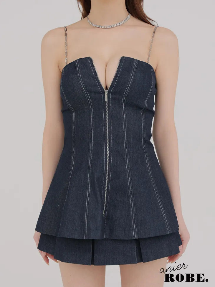 Denim center zip flare setup mini dress (anier4050)