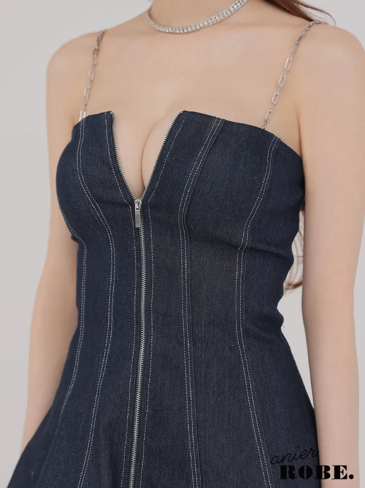 Denim center zip flare setup mini dress (anier4050)