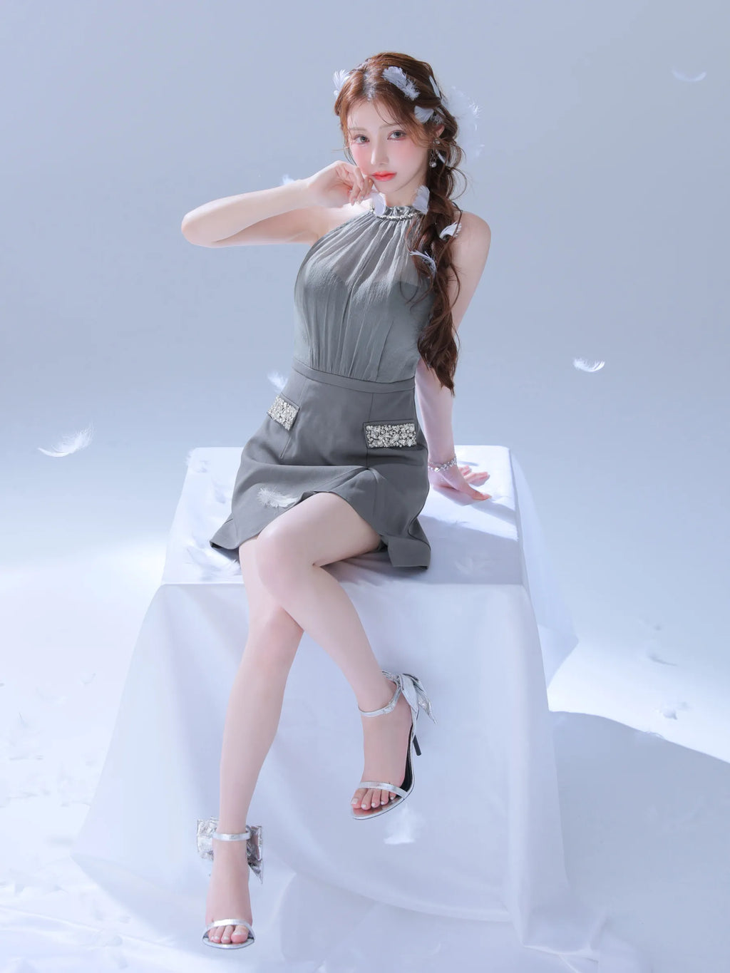 Satin Bijou back open halter mini dress (anier4051)