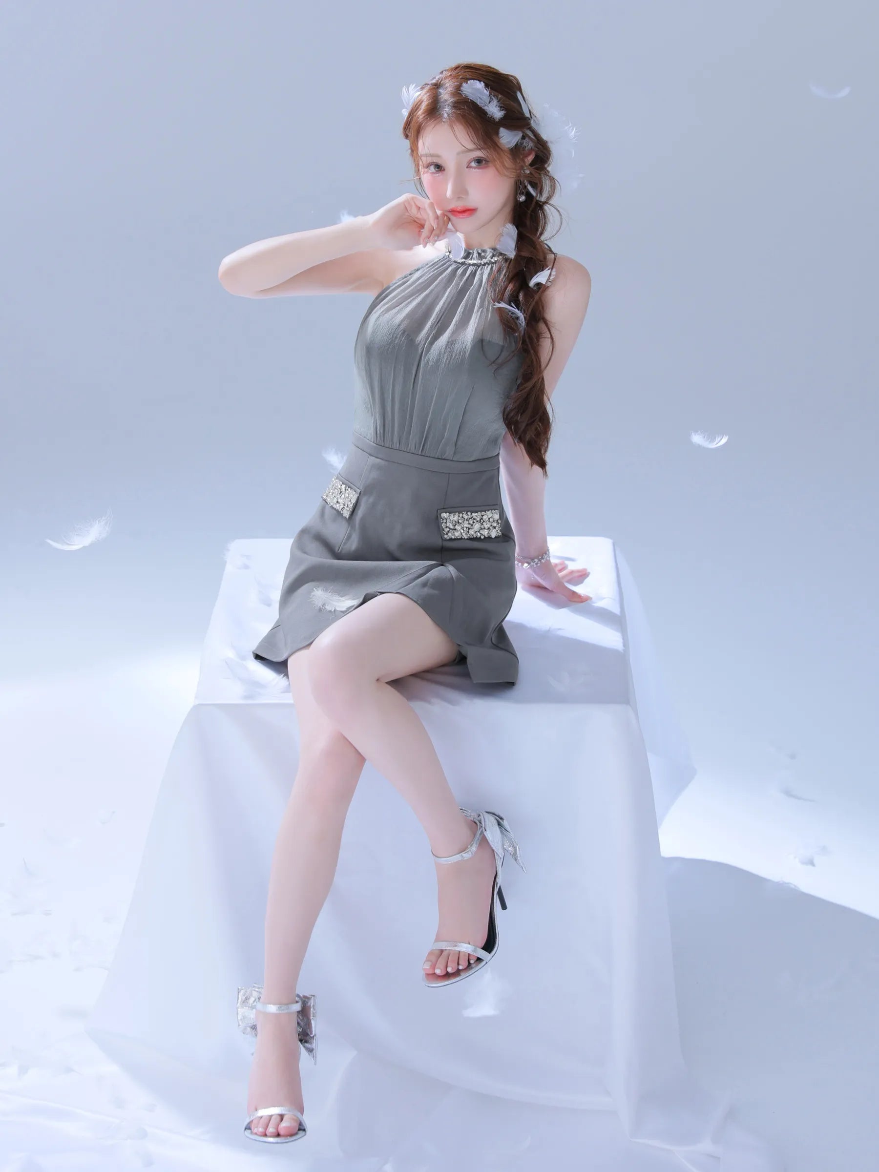 Satin Bijou back open halter mini dress (anier4051)