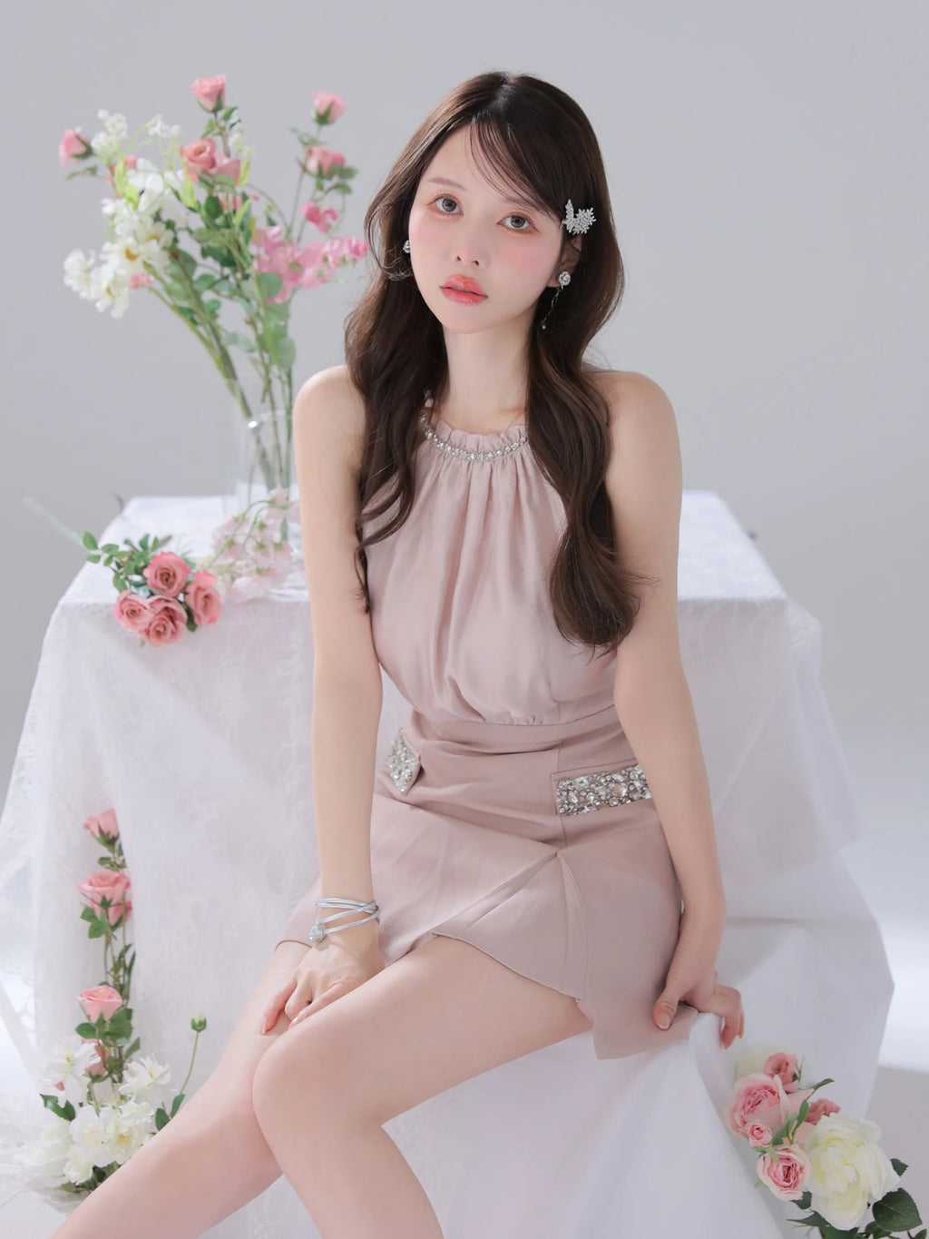 Satin Bijou back open halter mini dress (anier4051)