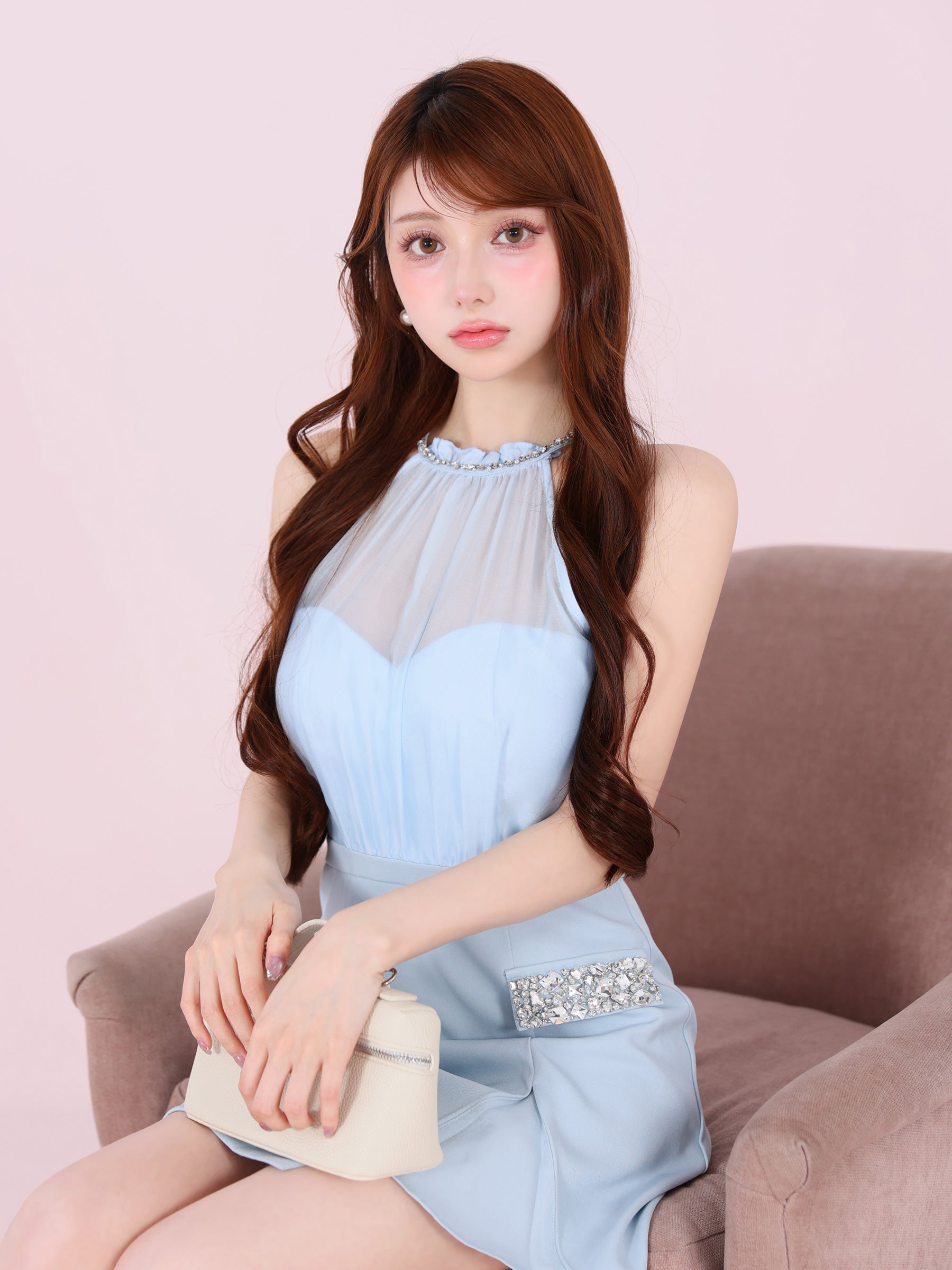 【XSサイズあり】Satin Bijou back open halter mini dress (anier4051)