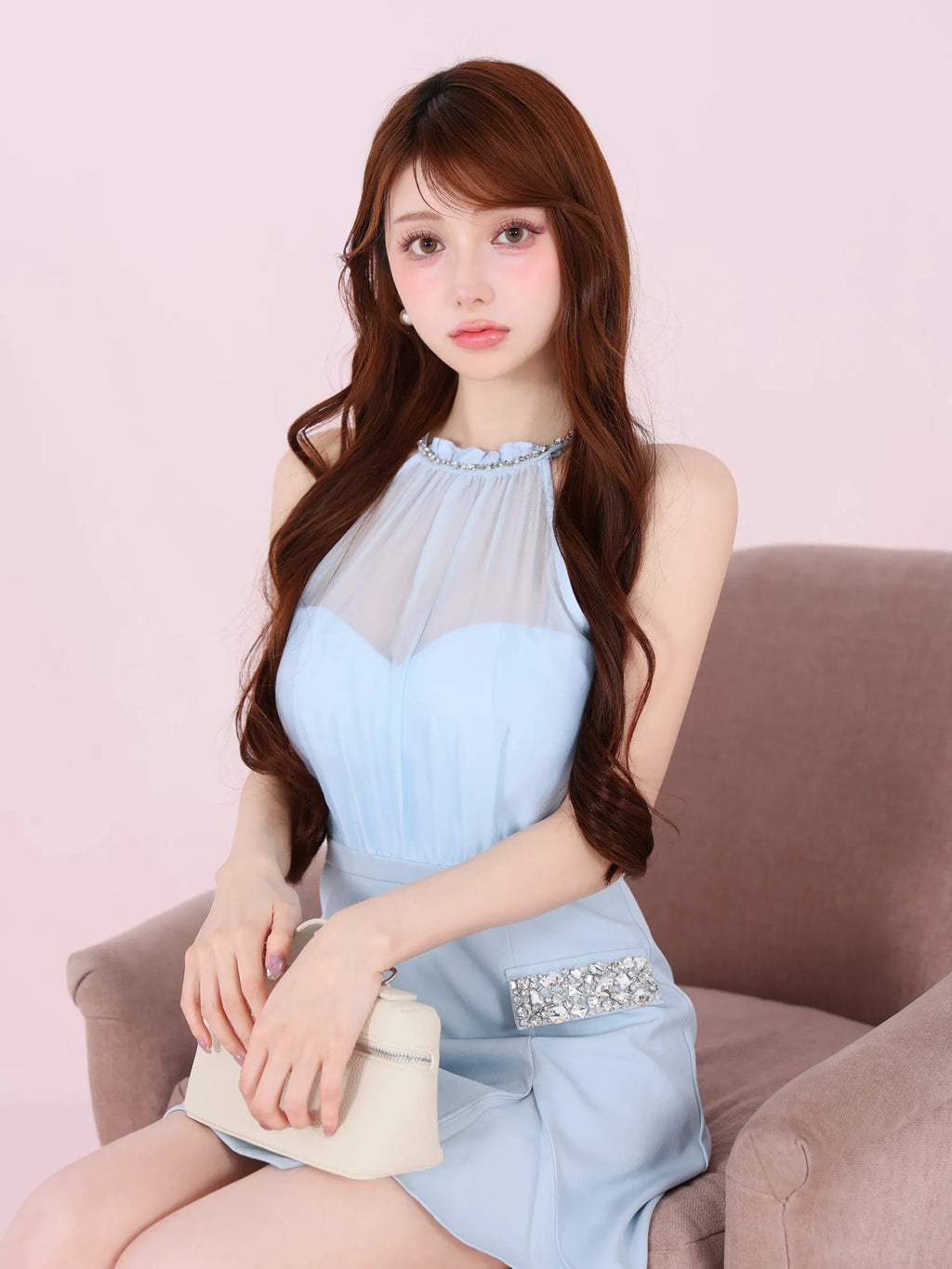 Satin Bijou back open halter mini dress (anier4051)