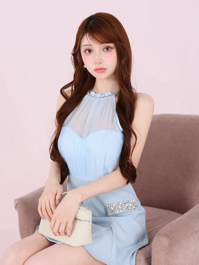 【一部予約】Satin Bijou back open halter mini dress (anier4051)