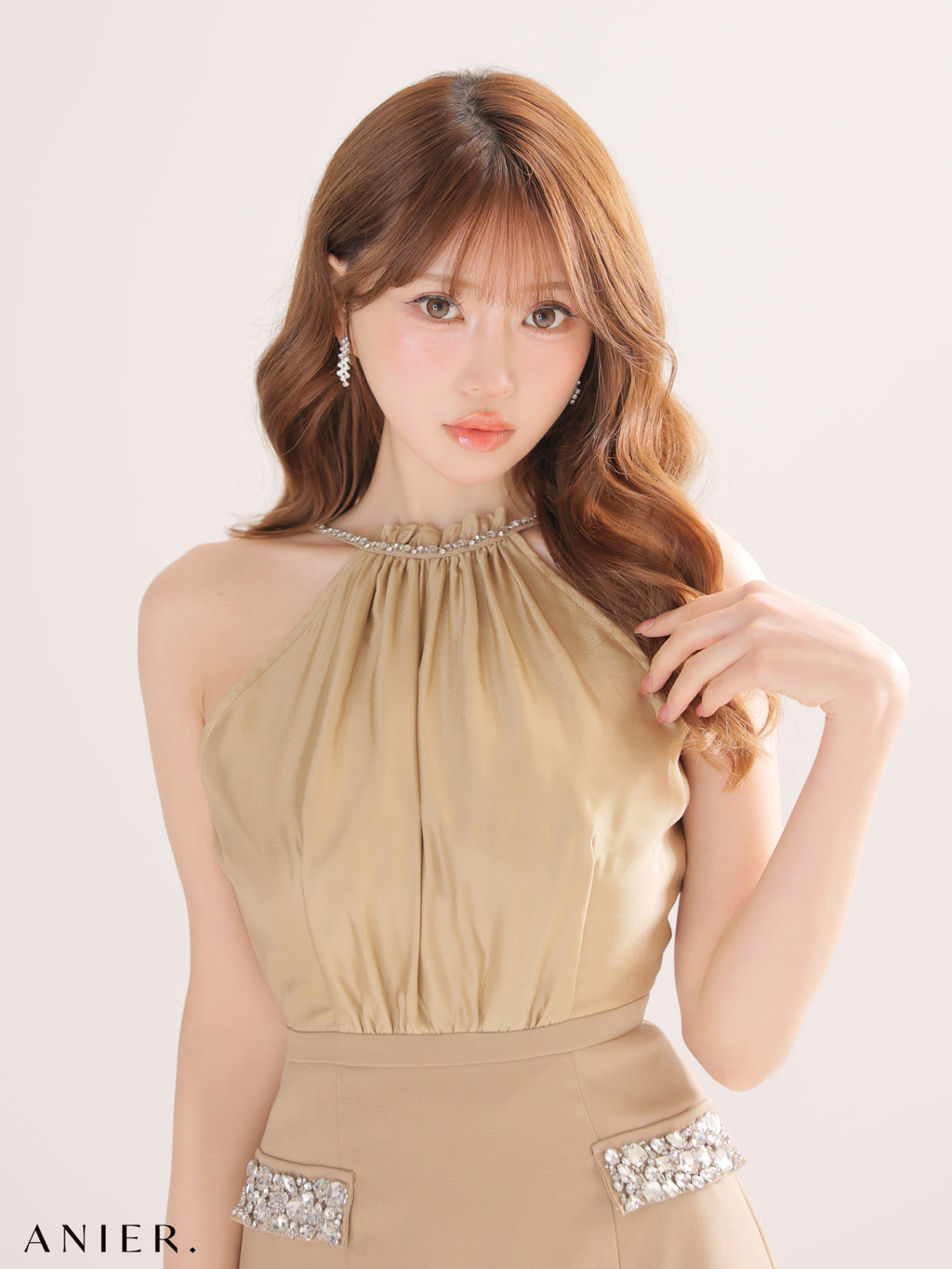 【XSサイズあり】Satin Bijou back open halter mini dress (anier4051)